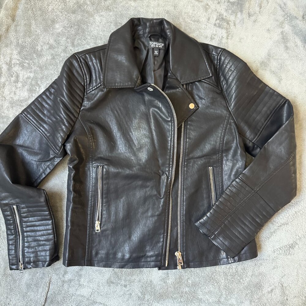 Topshop Women's Faux Leather Moto Zippered Jacket Size 8